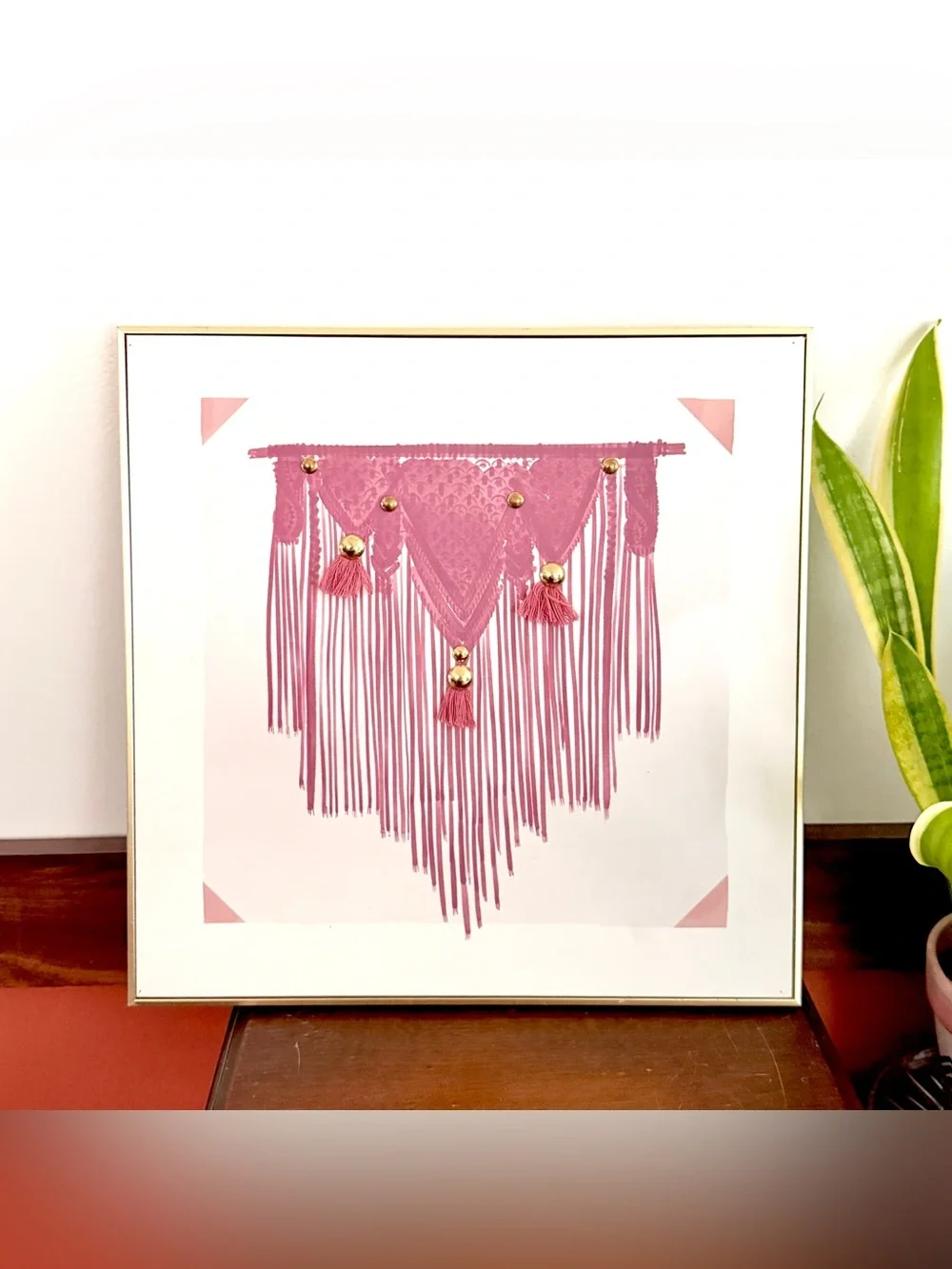 Pretty Pink Tapestry Painting Print Real Tassels Gold Studs Gold Framed Wall Art